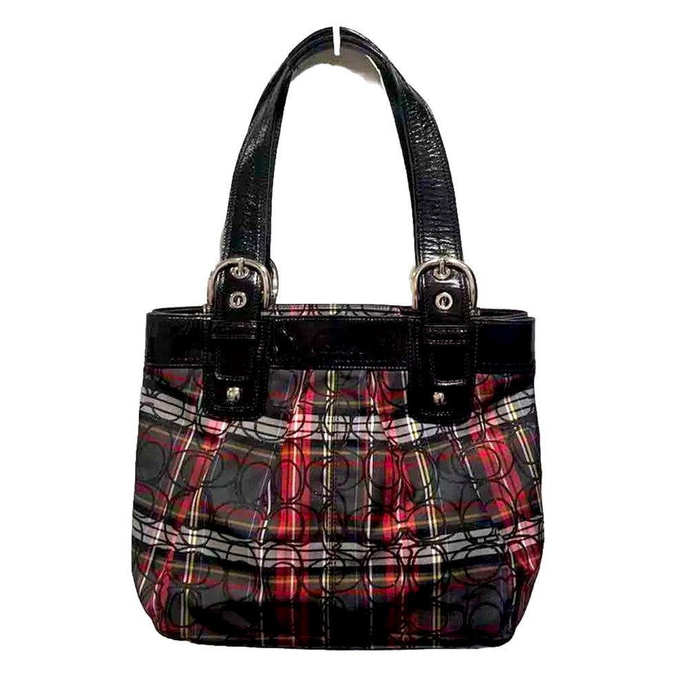 Signature Coach Poppy Bag Red And Black Plaid Shoulder Handbag Medium Size Purse